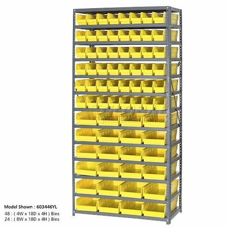 GLOBAL INDUSTRIAL Steel Shelving, Total 76 4inH Plastic Shelf Bins Yellow, 36x18x72-13 Shelves 603447YL